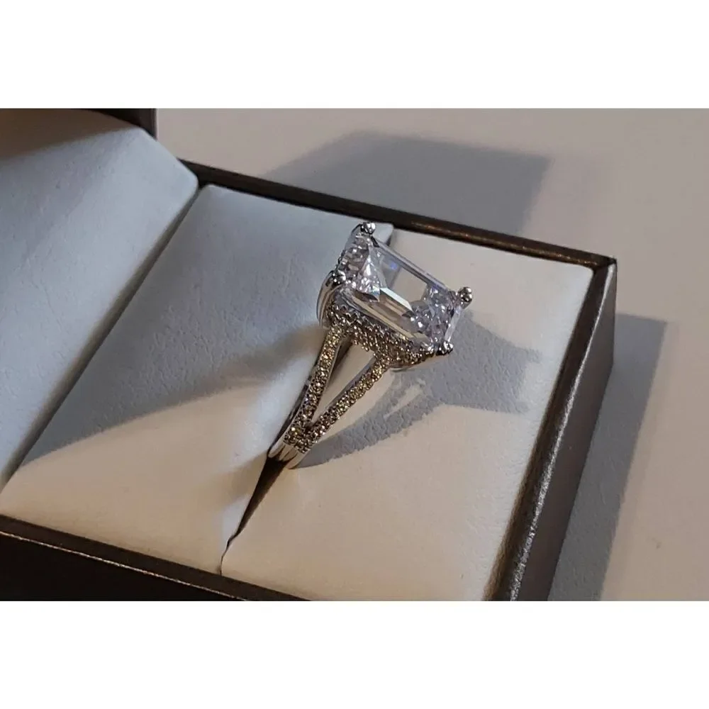6.75 Ct. Emerald & Round Cut Wishbone Engagement Ring/Hidden Halo Accent Sz 8